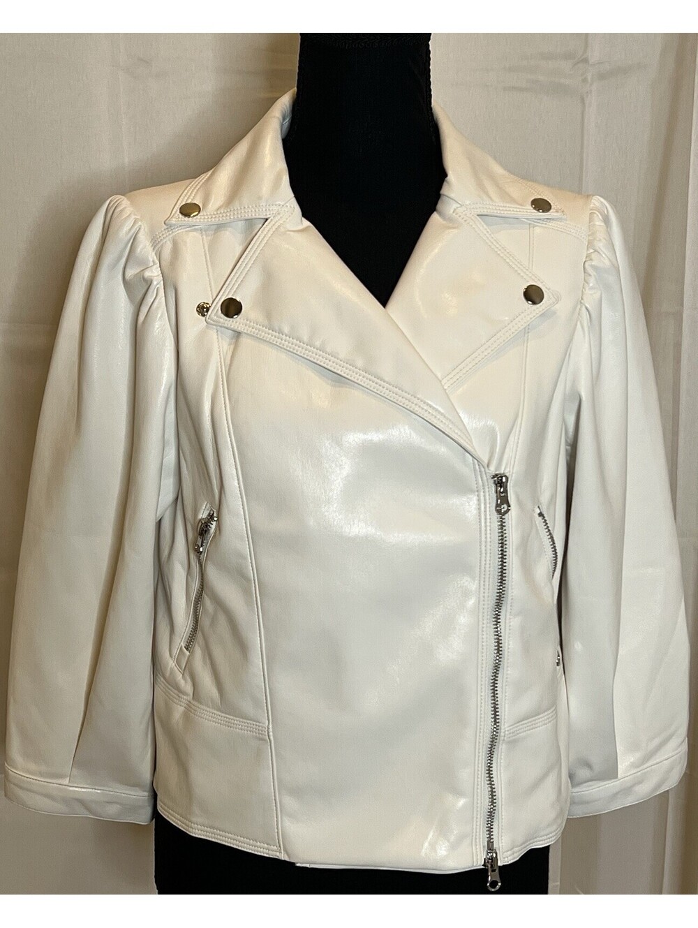 Melissa Nepton Inaya Vegan Leather Moto Jacket Off White Medium NWT Puff Sleeve